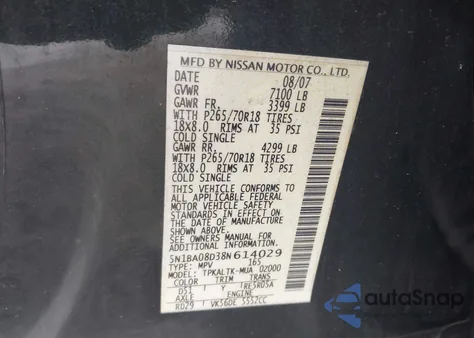 2008 Nissan Armada Se из США, поврежденный, VIN 5N1BA08D38N614029